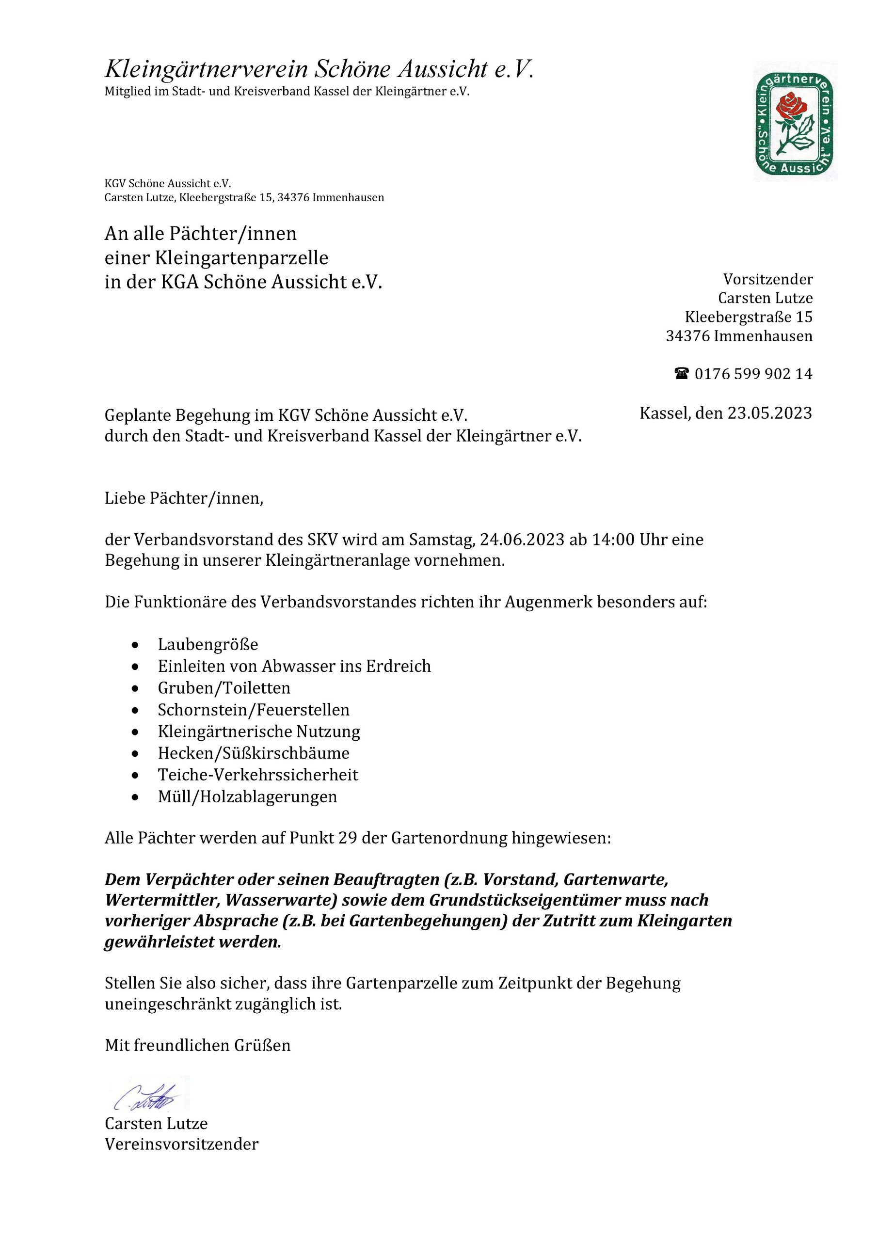 Geplante Begehung im KGV Schöne Aussicht e.V. durch den Stadt- und Kreisverband Kassel der Kleingärtner e.V.