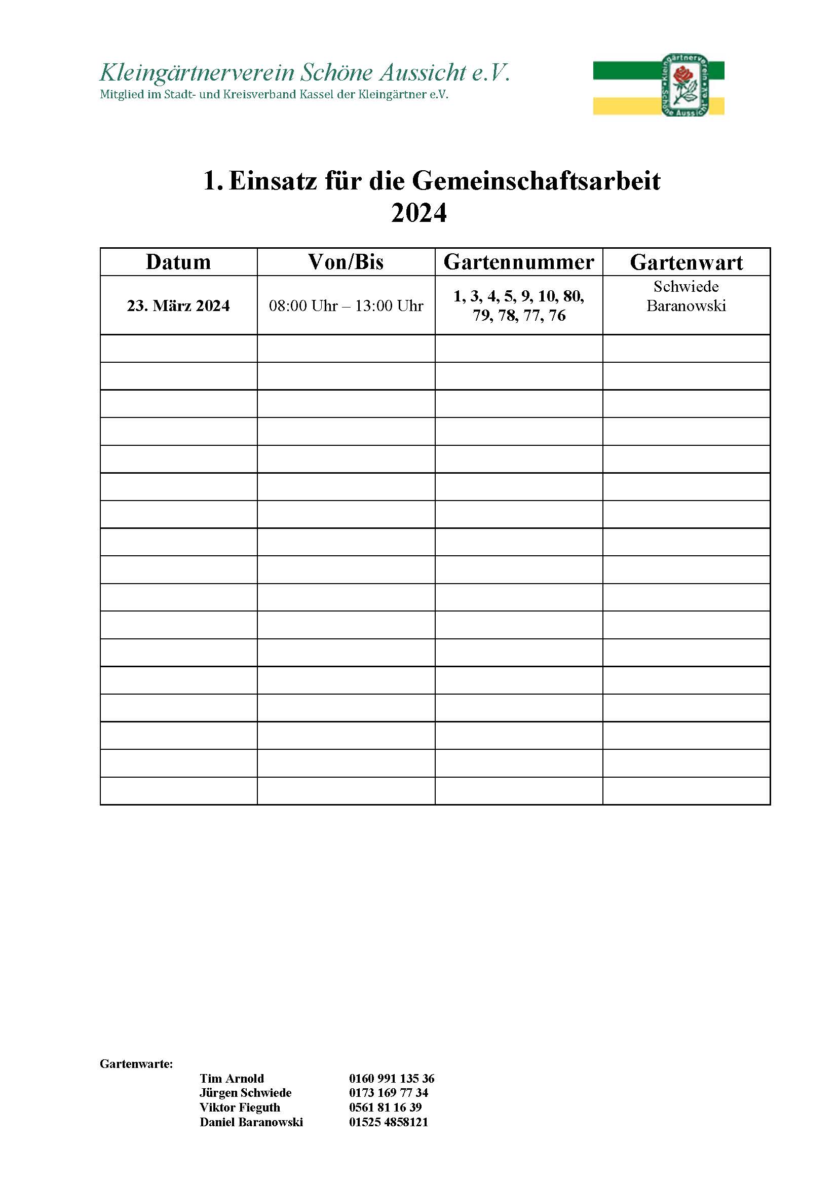 1. Termin für die Gemeinschaftsarbeit im Jahr 2024