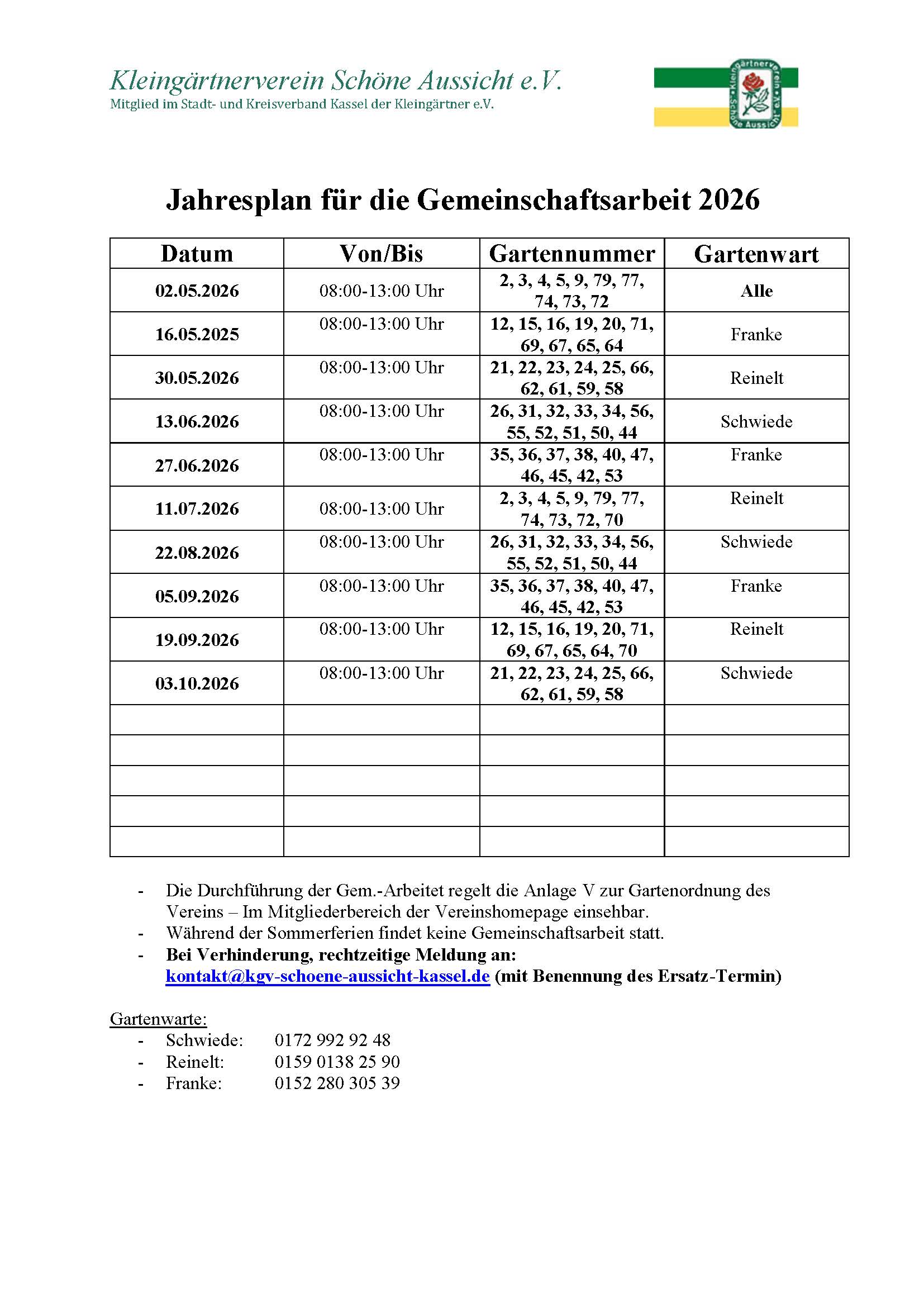 Jahresplan für die Gemeinschaftsarbeit 2026